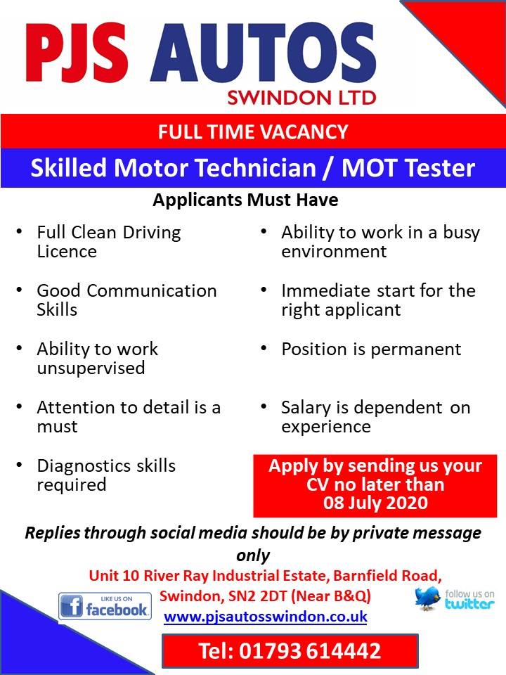 Job advert for PJS autos of Swindon